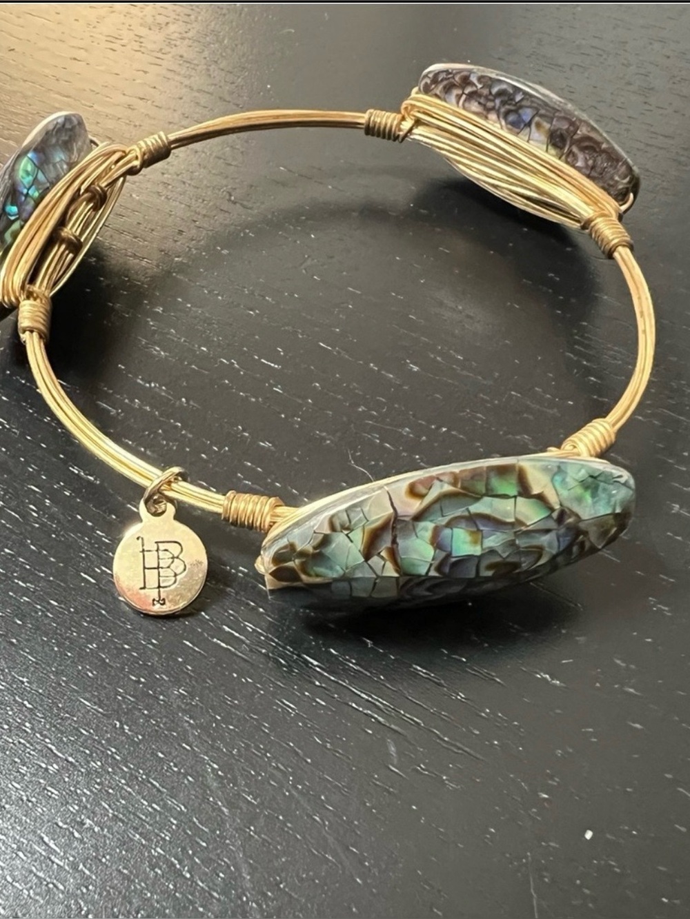 Bourbon and Bowties Gold-Tone Wire Wrapped Bracelet with Iridescent Abalone